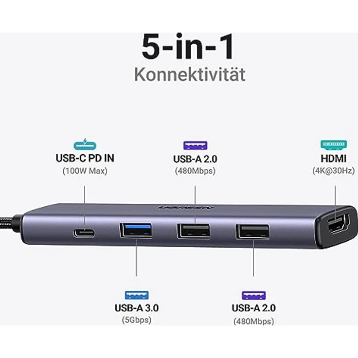 UGREEN USB-C® Dockingstation CM478, HDMI und USB-A Anschlüsse, 4K @ 30Hz, 100W Power Delivery, Plug-and-Play – Bild 2