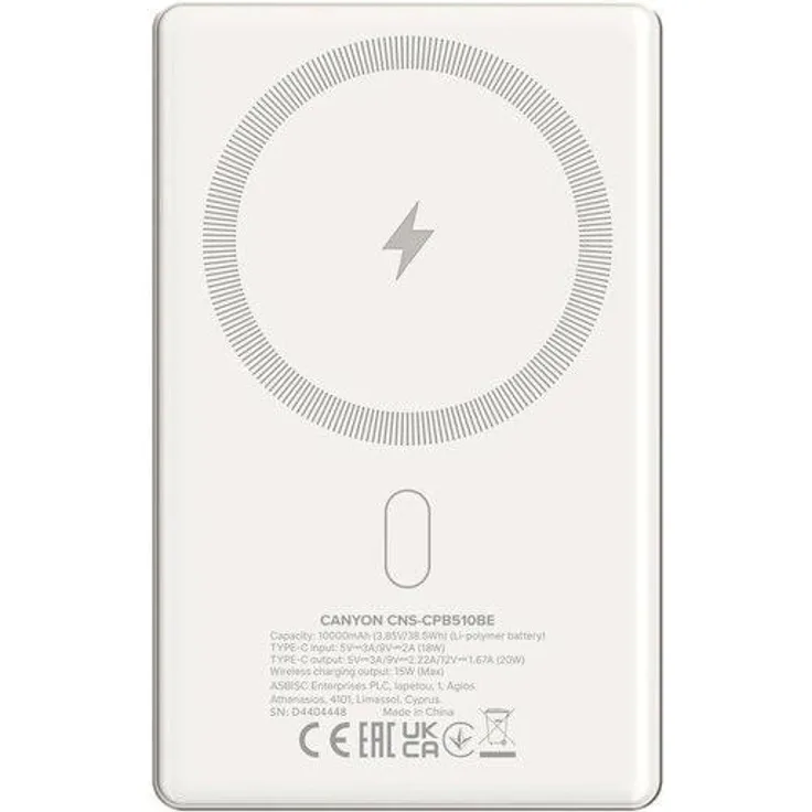 Canyon OnCharge 510 Powerbank, 10.000 mAh mit USB-C PD 20W und Wireless Magnet, Beige