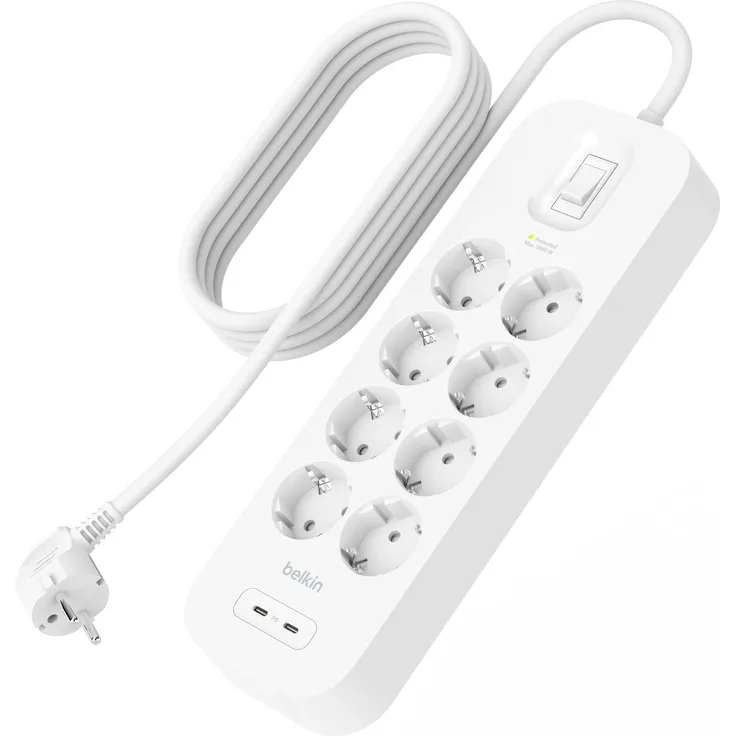 Belkin Steckdosenleiste 8-fach mit 2xUSB-C, 900J Überspannungsschutz, 30W Schnellladung, 2m Kabel, SRB004vf2MV2