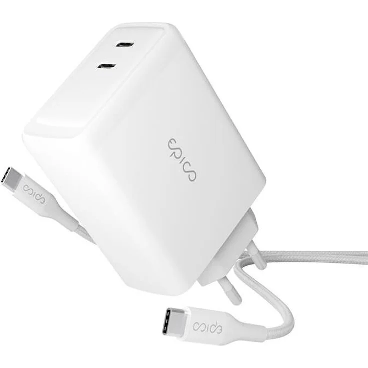 Epico 100W GaN-Netzladegerät, dualer USB-C Ausgang mit 2m USB-C Kabel, effizient mit Power Delivery, Weiß