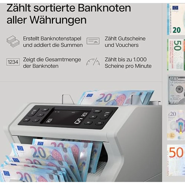 Safescan 2250 Geldzählmaschine, Banknotenzähler mit 3-facher Echtheitsprüfung, zählt sortierte Banknoten aller Währungen – Bild 3
