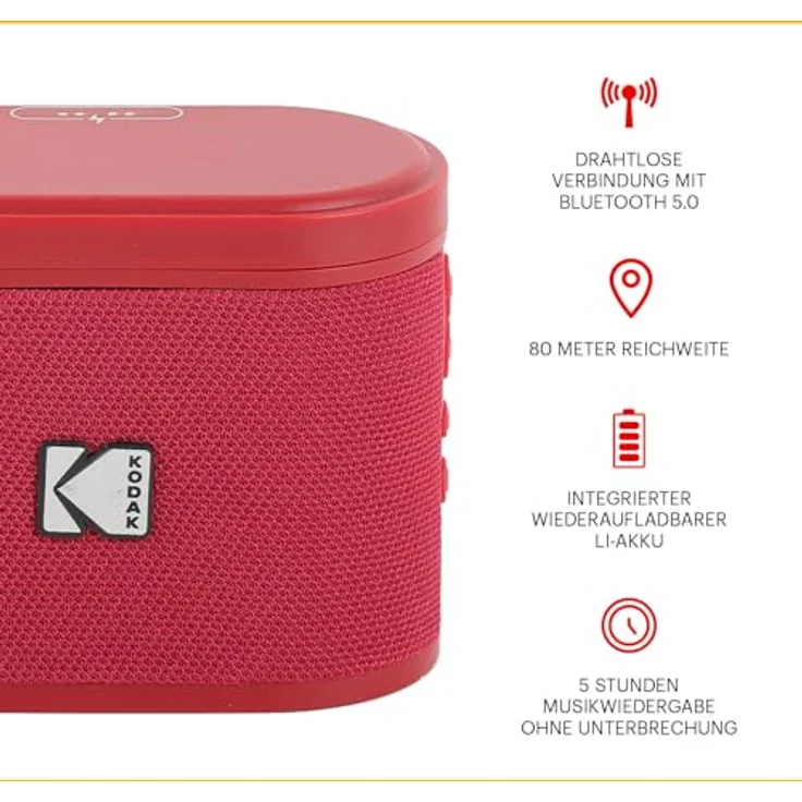 Kodak SOUNDBRIX Tragbarer Bluetooth-Lautsprecher, 5-W-Sound, magnetische Dockingstation, 3 Stunden Akkulaufzeit, Rot – Bild 2
