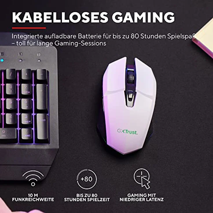 Trust Gaming GXT 110W Felox Wiederaufladbare Kabellose Gaming-Maus, 80 Stunden Akkulaufzeit, 800-4800 DPI, LED-Beleuchtung, 6 Tasten, Wireless Mouse für PC, Laptop, Computer, Windows – Weiß – Bild 2