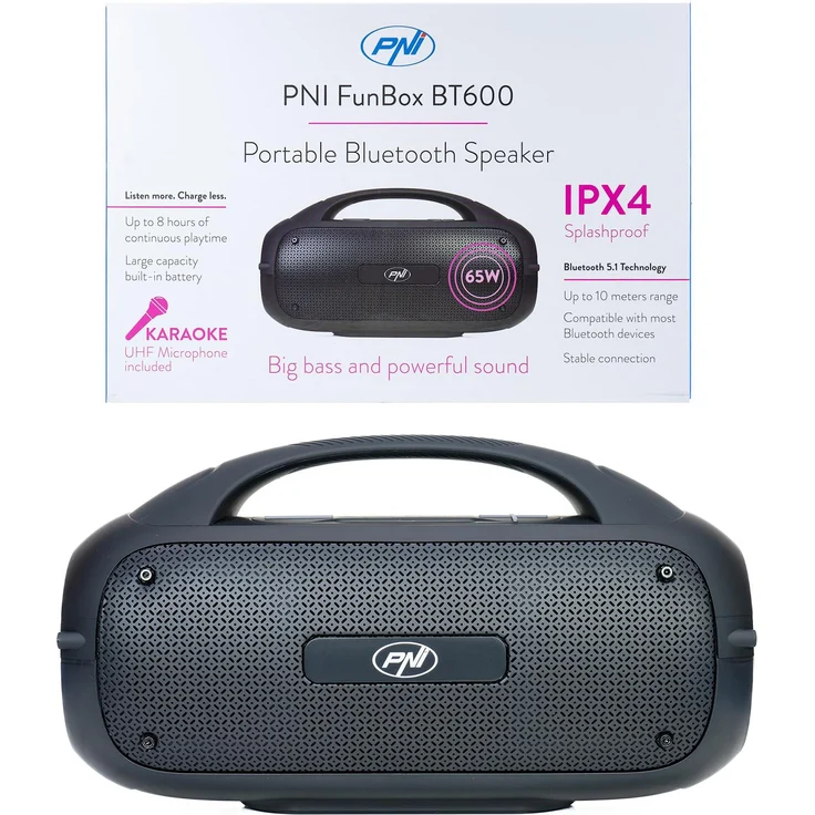 PNI FunBox BT600, Tragbarer Bluetooth-Lautsprecher mit 65W RMS, MP3-Player, IPX4 wasserbeständig, 8h Akkulaufzeit, TWS-Funktion, USB-C und Micro-SD Anschluss
