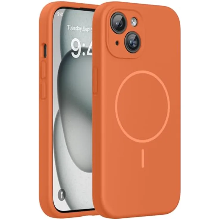 miracase iPhone 15 Hülle mit MagSafe, Flüssigsilikon-Hülle mit kratzfestem Mikrofaser-Innenfutter, stoßfest, Amber Orange