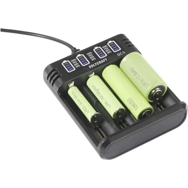 Voltcraft BC4 Rundzellen-Ladegerät LiIon, NiMH Mignon (AA), Micro (AAA), Baby (C), Sub-C, 10440, 16340, CR-123A, 17335, Ladegerät mit Ladeanzeige und Sicherheitsfunktionen, USB-C Kabel, schwarz – Bild 3