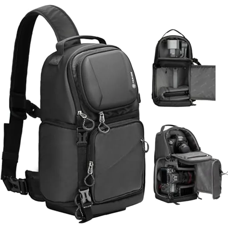 TARION TR-S Kameratasche Sling, wasserabweisende Schultertasche für DSLR/SLR mit Regenschutz, 9L Volumen, Schwarz