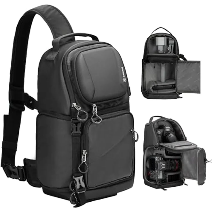 TARION TR-S Kameratasche Sling, wasserabweisende Schultertasche für DSLR/SLR mit Regenschutz, 9L Volumen, Schwarz – Bild 1