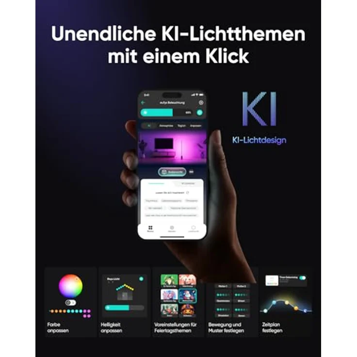 eufy Security Zimmer-Stehlampe E10, RGBWW LED, 16 Mio. Farben, 1700 Lumen, Google kompatibel, KI-Lichtthemen, Musikmodus, Schwarz – Bild 3