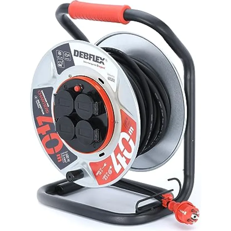 DEBFLEX - HO7RN-F 3G2,5 Kabeltrommel - Festzentrale - 4 Steckdosen wasserdicht - IP44-40M - Metall - Schwarz/Rot
