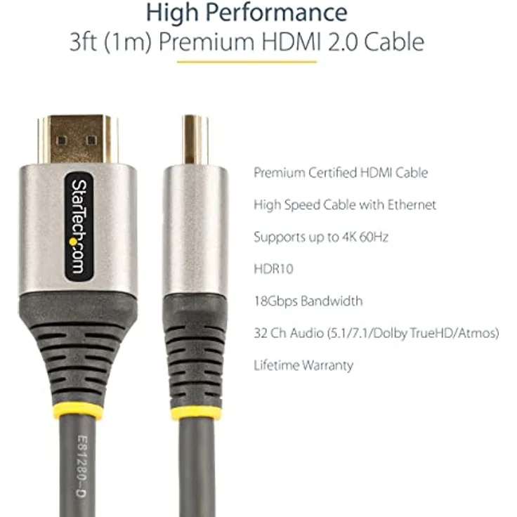 StarTech.com 1m Premium zertifiziertes HDMI 2.0 Kabel - High Speed Ultra HD 4K 60Hz HDMI Kabel mit Ethernet - HDR10, ARC - UHD HDMI Videokabel - Für UHD Monitore, TVs, Displays - M/M (HDMMV1M) – Bild 3