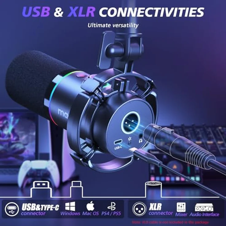 MAONO PD200XS, XLR/USB Dynamisches Mikrofon Set mit RGB-Licht, Stummschalttaste und Gain-Regler, ideal für PC Gaming, Streaming und Podcasting, schwarz – Bild 2