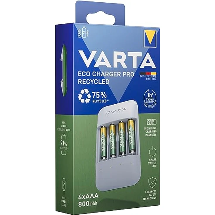 Varta Eco Charger Pro Akku Ladegerät inkl. 4X AAA 800mAh, 75% recyceltes Gehäuse, für AA/AAA Batterien – Bild 2