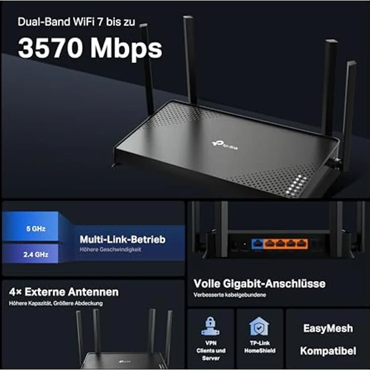TP-LINK Archer BE220 BE3600, Dual-Band WiFi 7 WLAN-Router mit 3,6 Gbit/s, 4 Gigabit-Ports, EasyMesh-kompatibel – Bild 4
