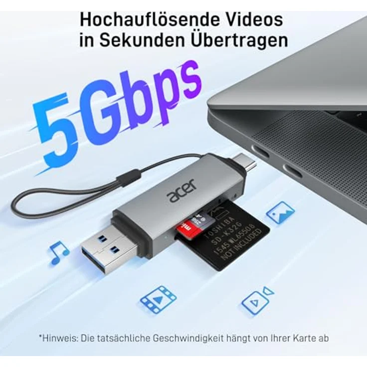 Acer SD Kartenleser, Dual USB 3.0 OTG Adapter für SD/Micro SD/TF/SDHC/SDXC, kompatibel mit iPhone 15/16/17, Android/Windows/macOS, Aluminium Design – Bild 2