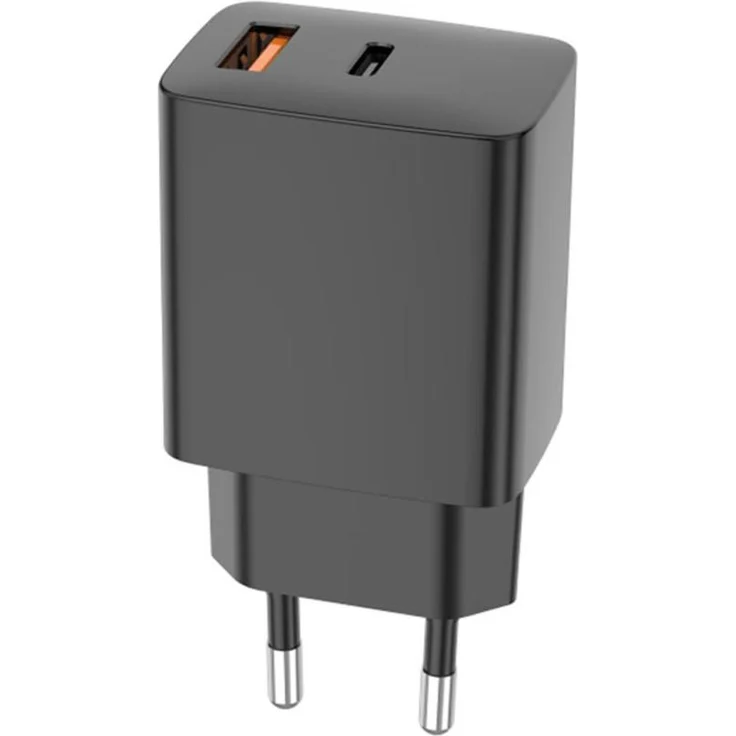 Setty USB-A + USB-C PD/QC 30W Wandladegerät, schwarz, mit USB-C Kabel 1m, für schnelles Laden