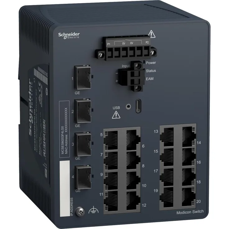 Schneider Electric MCSESM203F4LG0, Managed Netzwerk Switch mit 16 Ports, 4 SFP-Ports, 1 Gbit/s, DIN-Schienenmontage