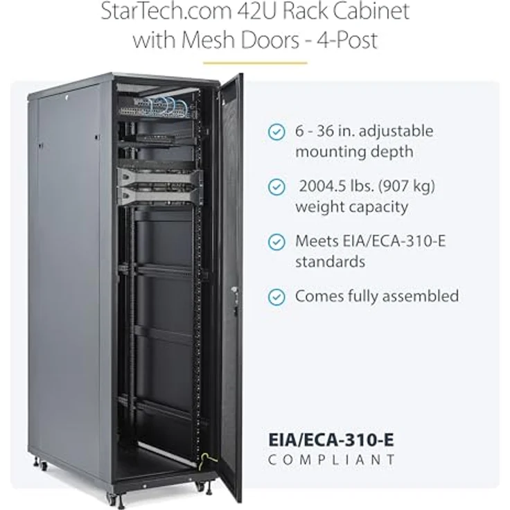 StarTech 42U Server Cabinet, 19 Zoll Rack für Server und Netzwerktechnik, schwarz, 907 kg Traglast, mit abschließbaren Türen und Rollen – Bild 2