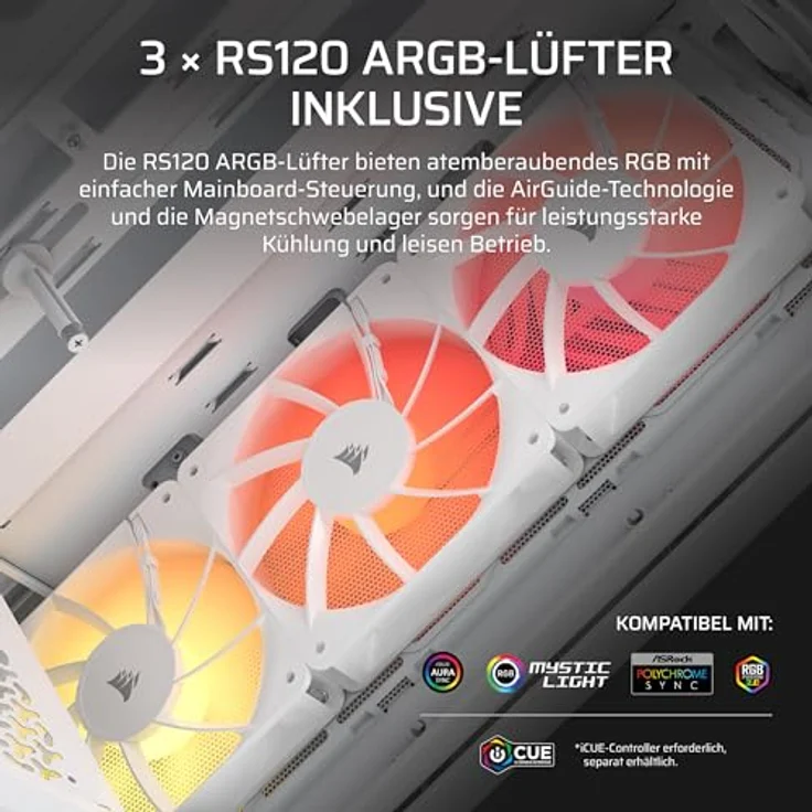 CORSAIR 3200D RS ARGB Mid-Tower ATX PC-Gehäuse, 3x RS120 ARGB PWM-Lüfter, GPU-Anti-Sag-Stabilisierungsarm, USB-Typ-C, Weiß – Bild 5