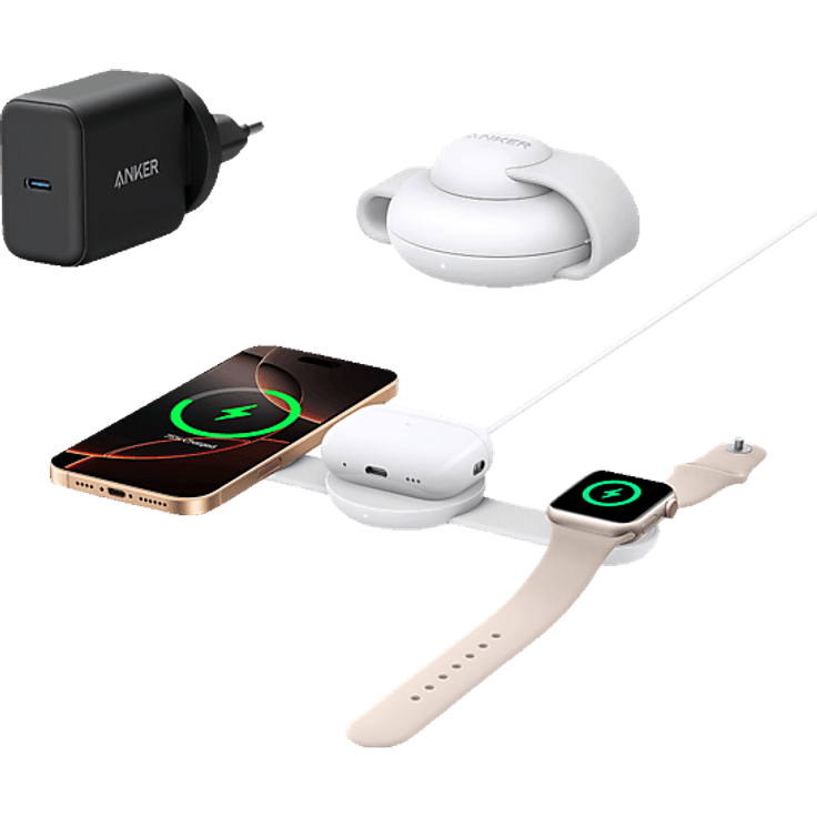 ANKER 3-in-1 Kabelloses Ladegerät, Qi2 Magnetic Volt, 15W Schnellladen, für iPhone und Apple Watch, Weiß