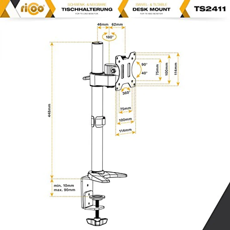 RICOO Monitor Halterung Tisch, VESA Tischhalterung für 13-30 Zoll, Monitorhalterung 1 Monitor Arm TS2411, Bildschirmhalterung Neigbar Schwenkbar Monitorarm Bildschirm Halterung Halter Monitorhalter – Bild 3