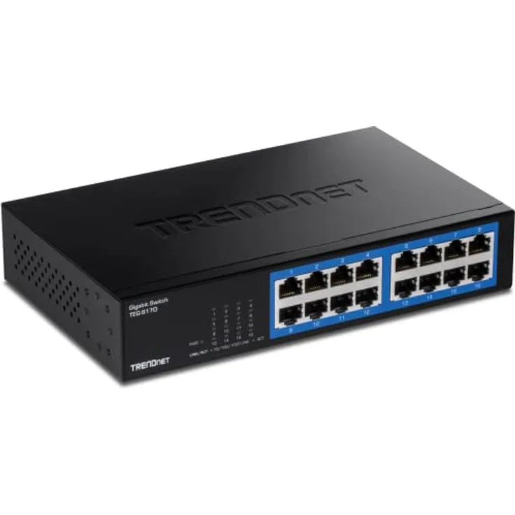 TRENDnet TEG-S17D 16-Port Gigabit Desktop Switch, , 16 x Gigabit RJ-45 Ports, 32Gbps Schaltleistung, lüfterloses Design, Metallgehäuse, internes Netzteil