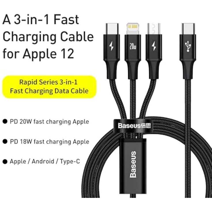 Baseus Rapid Series 3-in-1-Kabel USB-C, Lightning und Micro-USB, 20 W Schnellladung, 1,5 m, Schwarz – Bild 5