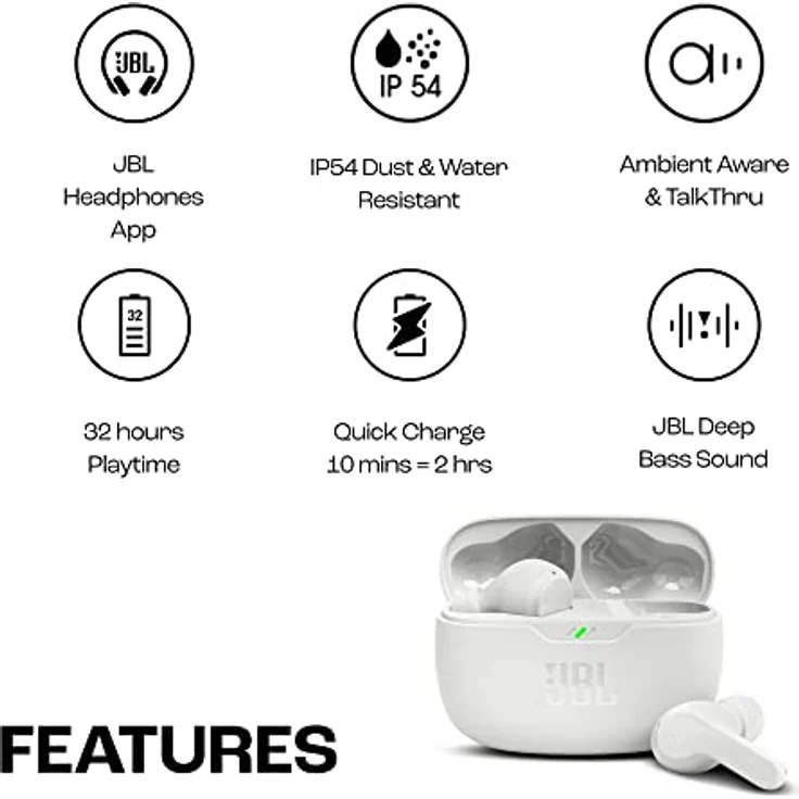 JBL Wave Beam – Kabellose In-Ear Ohrhörer mit IP54 und IPX2 Wasserdichtigkeit – Freisprechfunktion und 32 Stunden Akkulaufzeit – In Weiß – Bild 2