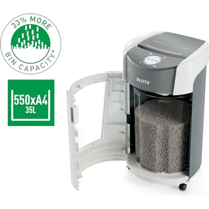 Leitz IQ OptiMax Office P5 Aktenvernichter mit Mikroschnitt, extrem leise, 35 Liter Behälter, Weiß – Bild 3