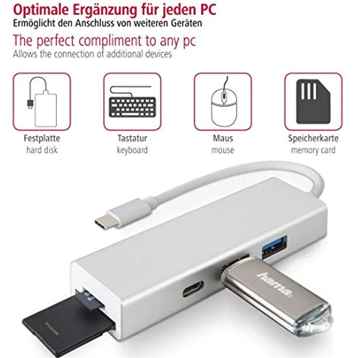 Hama USB 3.1 Type-C Hub, 3-fach, mit Kartenleser (2x USB-A, 1x USB-C, SD/SDHC/SDXC/microSD/microSDHC/microSDXC, für PC/Mac/Laptop/Tablet, OTG-fähig) externer USB-Verteiler, Kartenlesegerät – Bild 2