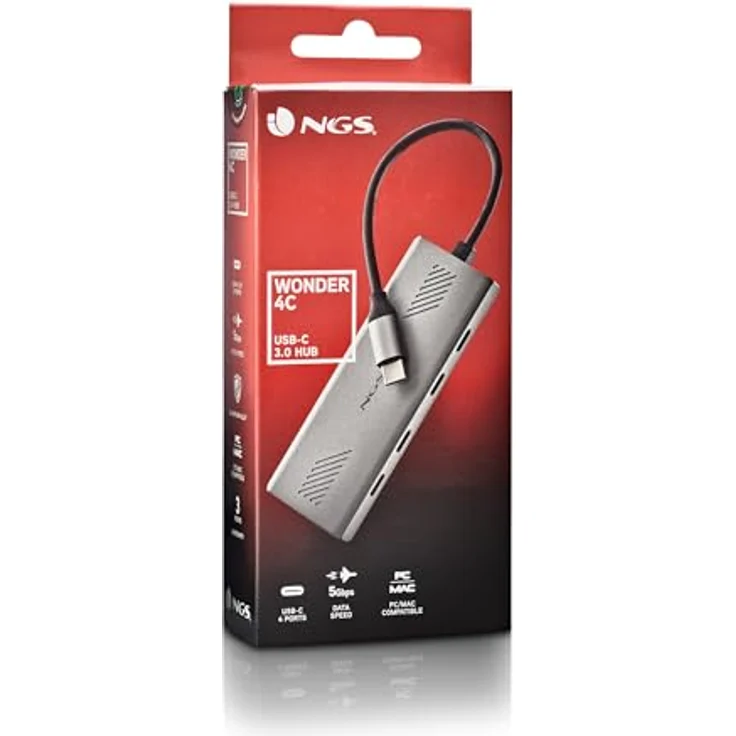 NGS Wonder4-C USB-C Multiport-Adapter 4-in-1 Hub mit 4 USB 3.0-Anschlüssen, 5 Gbit/s, Aluminiumgehäuse, 180 mm Kabel, tragbar – Bild 5