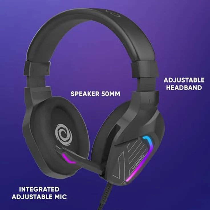 Oniverse Meteor Gaming-Headset, kabelgebunden, mit 50 mm Lautsprechern, verstellbarem Mikrofon, LED-Beleuchtung, kompatibel mit PS5, PS4, Switch, Xbox, PC und Mac, in Carbon Black oder Frost White – Bild 2