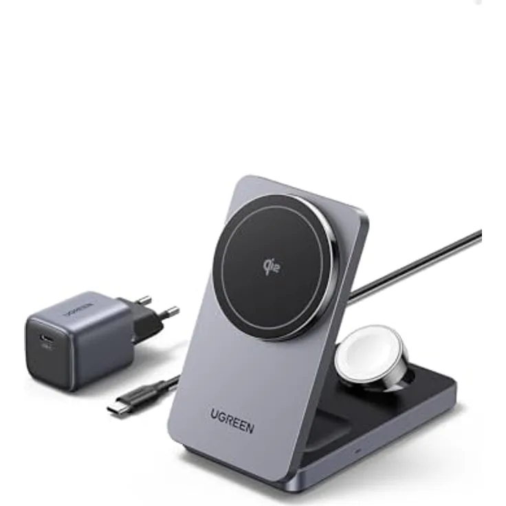 UGREEN MagFlow Qi2 15W 3-in-1 Wireless Charger, kompatibel mit MagSafe für iPhone 16/16 Pro, AirPods und Smartwatch, faltbarer magnetischer Ständer mit 30W Ladegerät