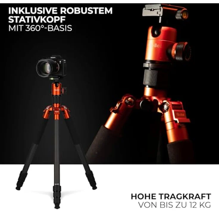 Rollei C6i Carbon Fotostativ: Kompakt, leicht, 3in1-Stativ mit Arca Swiss Kugelkopf, Monopod, Makrostativ, inkl Spikes und Tasche (Orange) – Bild 3