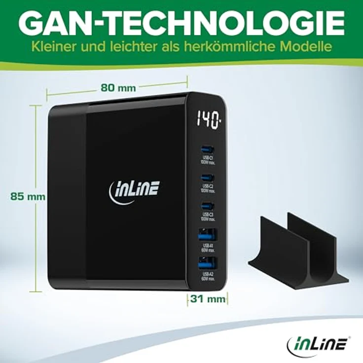 InLine USB-Ladegerät 5-Port GaN 140W Schnellladegerät PD3.0 QC3.0 mit digitalem Display, 3X USB-C + 2X USB-A, Netzteil für iPhone/Pro/Mini, Samsung - Schwarz – Bild 4