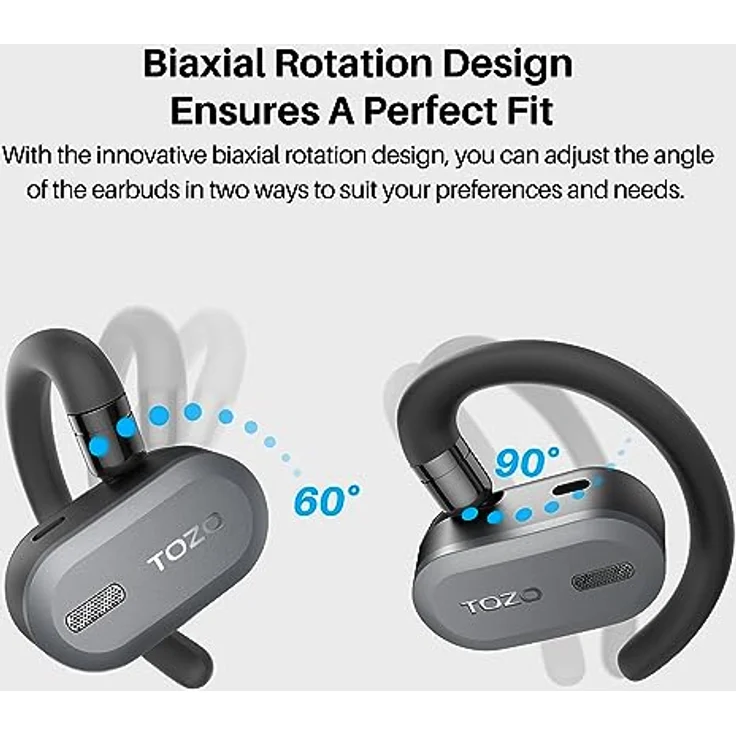 TOZO Open Buds Leichte Bluetooth Kopfhörer Kabellos 5.3 mit Mehrwinkelverstellung, Offenes Ohrdesign für langanhaltenden Komfort, Kristallklare Anrufe während der Fahrt, Schwarz – Bild 2