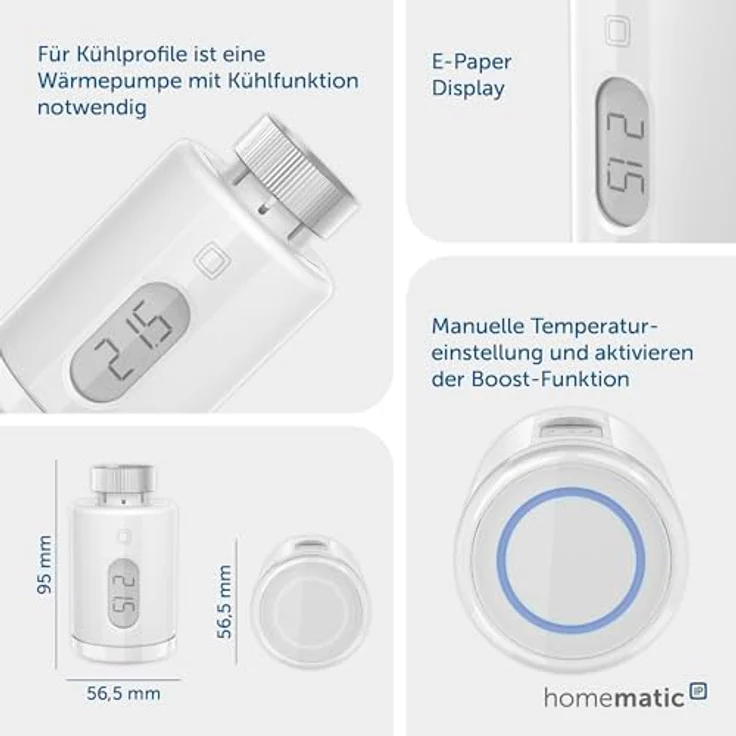 Homematic IP Smart Home Heizkörperthermostat – Pure, digitaler Thermostat Heizung, Steuerung per App, Alexa, Google Assistant, einfache Installation, Energie sparen, 161046A0, klassisches Design mit E-Paper-Display – Bild 3