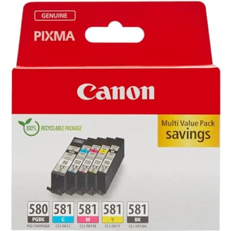 Canon PGI-580BK/CLI-581 Multipack, 5-tlg. Tintenpatrone in Schwarz, Cyan, Magenta und Gelb für PIXMA Drucker