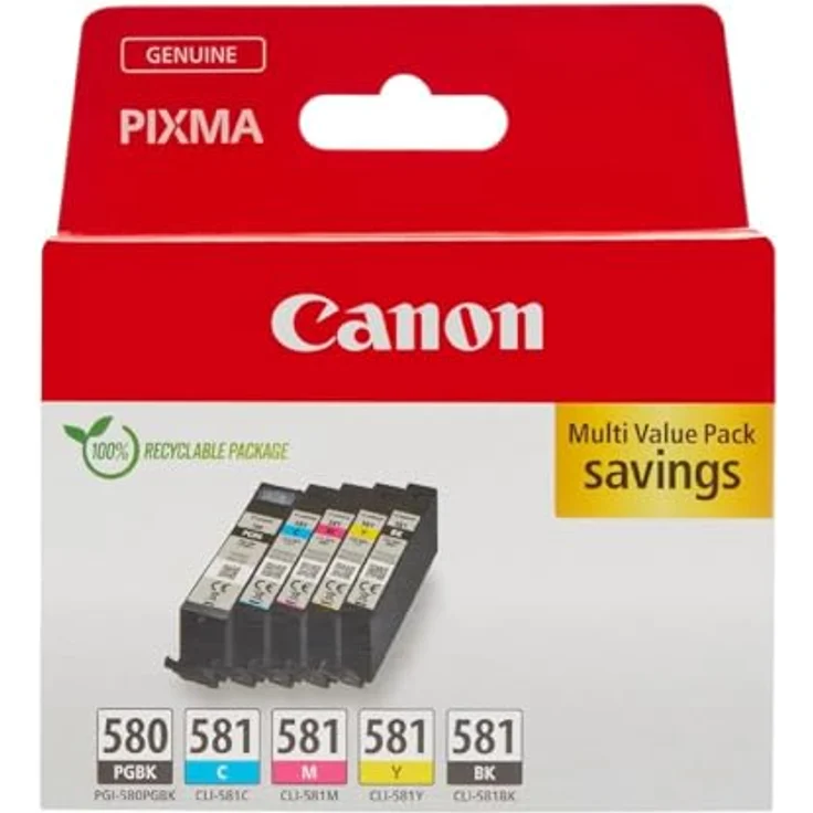 Canon PGI-580BK/CLI-581 Multipack, 5-tlg. Tintenpatrone in Schwarz, Cyan, Magenta und Gelb für PIXMA Drucker – Bild 1