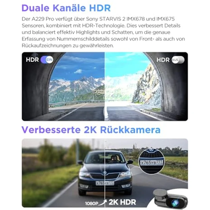 VIOFO A229 Pro 4K + 2K Dual STARVIS 2, HDR Vorne hinten Dashcam Auto, Sprachsteurung & 5GHz Wi-Fi Wlan Autokamera, Ultrapräzises GPS mit CPL Filter, Super Nachtsicht 2.0, Sprachausgabe, bis 512 GB Max – Bild 4