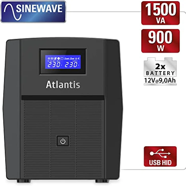 Atlantis A03-HP2003 Unterbrechungsfreie Sinuswelle Pure 1500VA 900W Line Interactive, LCD-Display, USB-HID-Anschluss, 3 IEC Ausgänge + 2 Schuko-Steckdosen + alim-Kabel, 2 Akkus 12V-9Ah, RJ45 – Bild 2