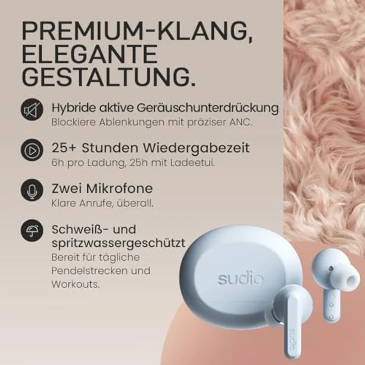 sudio A3 Pro, True Wireless Kopfhörer mit Noise Cancelling, Bluetooth 5.4, 25h Spielzeit, USB-C Ladecase, Blau – Bild 3