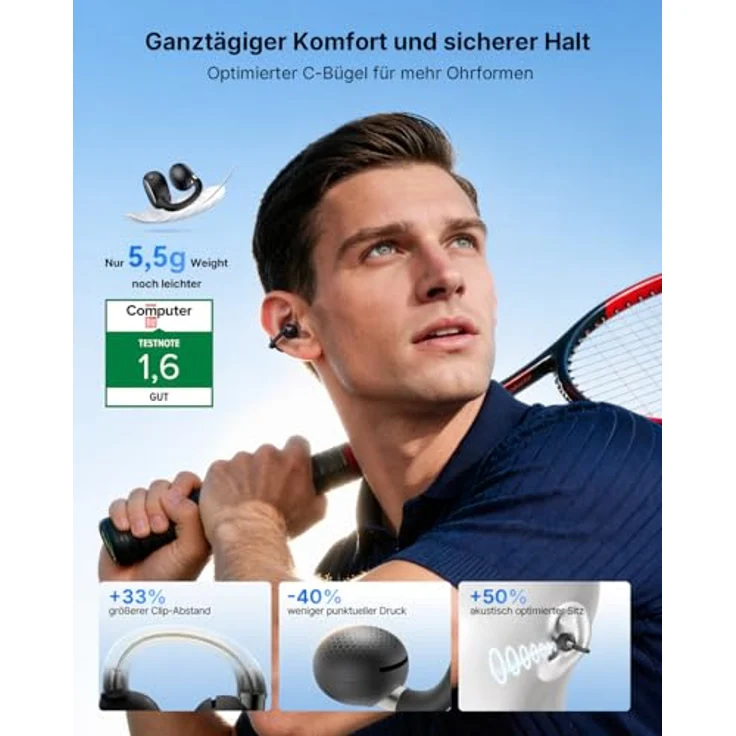 EarFun Clip 2 Schwarz Open-Ear Bluetooth-Kopfhörer, Clip-On Earbuds, Hi-Res Audio mit LDAC, 12-mm-Titan-Treiber, 40 Std. Akku, IP55 – Bild 2