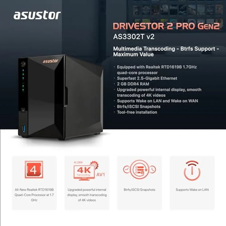Asustor Drivestor 2 Pro Gen2 AS3302T v2, 2 Bay NAS Gehäuse Netzwerkspeicher, 1.7GHz Quad-Core, 2.5GbE Port, 2GB RAM DDR4, Network Attached Storage für Cloud Speicher (Diskless) – Bild 2
