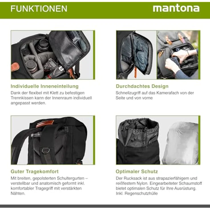 Mantona Luis junior Retro Fotorucksack (mit Echtleder-Applikationen, inkl. Regenschutzhülle, flexible Einteilung und Tablet-Fach für 1x DSLR-Kamera, 1-2 Objektive und diverses Fotozubehör) schwarz – Bild 6