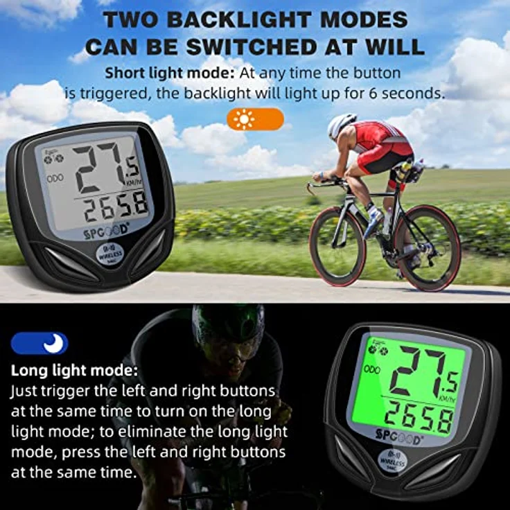 SPGOOD Fahrradcomputer Tacho Kabellos, 19 Funktionen, IP54 wasserdicht mit Hintergrundbeleuchtetem Display, automatischer Start/Stopp, schwarz – Bild 2