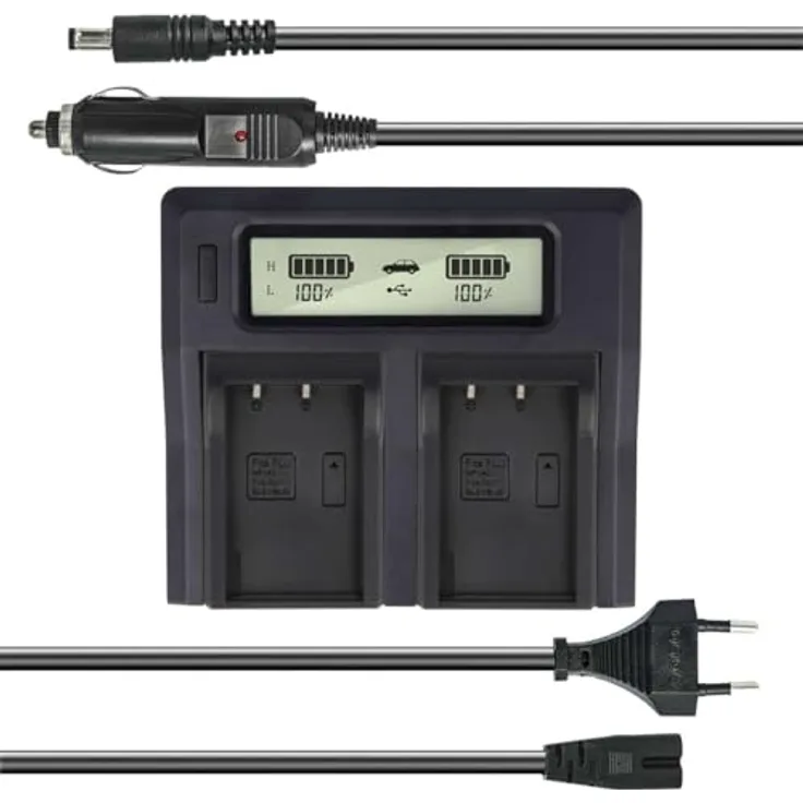 Dual Akku-Ladegerät kompatibel mit Olympus PS-BLS1, PS-BLS5, PS-BLS50 - mit USB-Anschluss, LCD-Display und Kfz-Ladekabel - Schnellladegerät