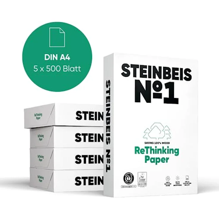 Steinbeis No. 1 Druckerpapier– DIN A4 Recycling-Papier 80 g/m², Weiß & Chlorfrei, 2500 (5 x 500) Blatt hochwertiges Kopierpapier ISO 70 / CIE 55 – Bild 2