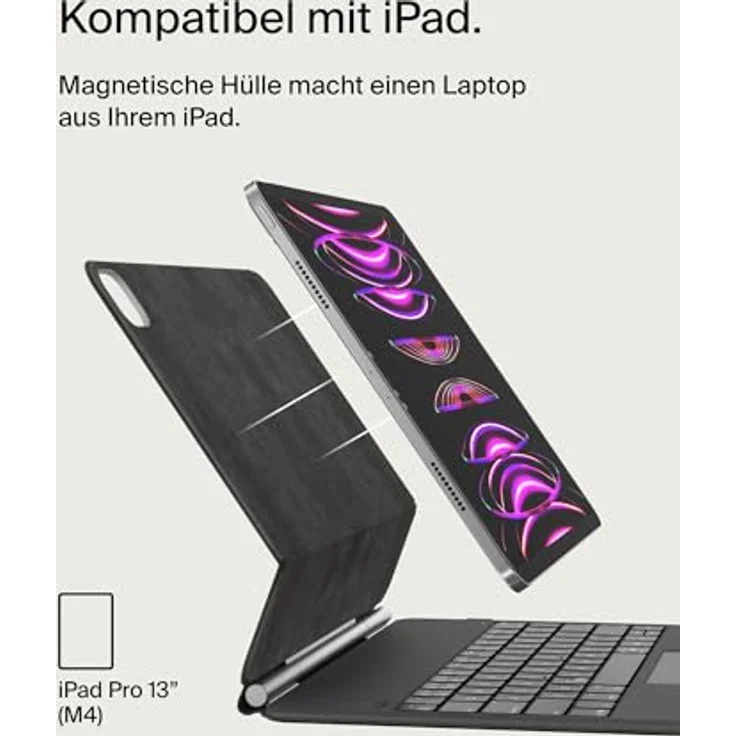 Belkin Pro Bluetooth-Tastatur mit Hülle und magnetischem Ständer, iPad Tastatur, Multi-Gesture-Steuerung, Apple Pencil magnetische Befestigung, QWERTZ, Multimedia-Tasten für iPad M4 Pro 13”, Schwarz – Bild 2