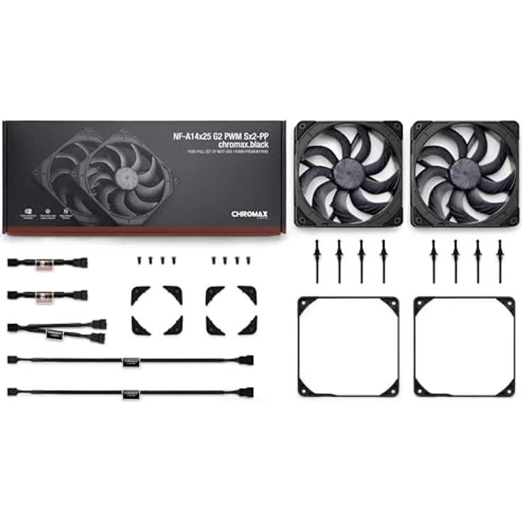 Noctua NF-A14x25 G2 PWM Sx2-PP chromax.black, Doppellüfter-Set für Push-Pull Anwendungen, schwarze Ausführung mit Anti-Vibrationsbefestigungen – Bild 4